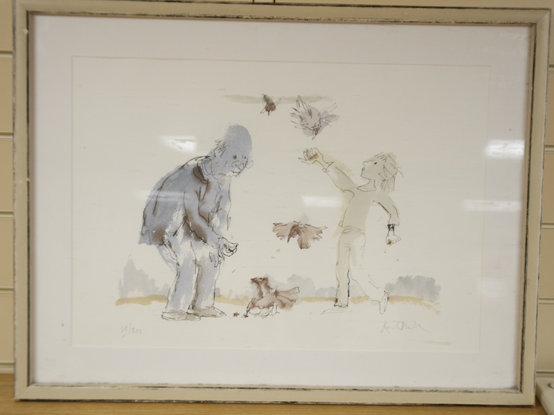 Quentin Blake (b.1932), two pencil signed colour prints, to include Figures and Birds, each limited edition of 100 and blind stamped, each 34 x 49cm, together with The Life of Birds, hardback book by Quentin Blake. Condi